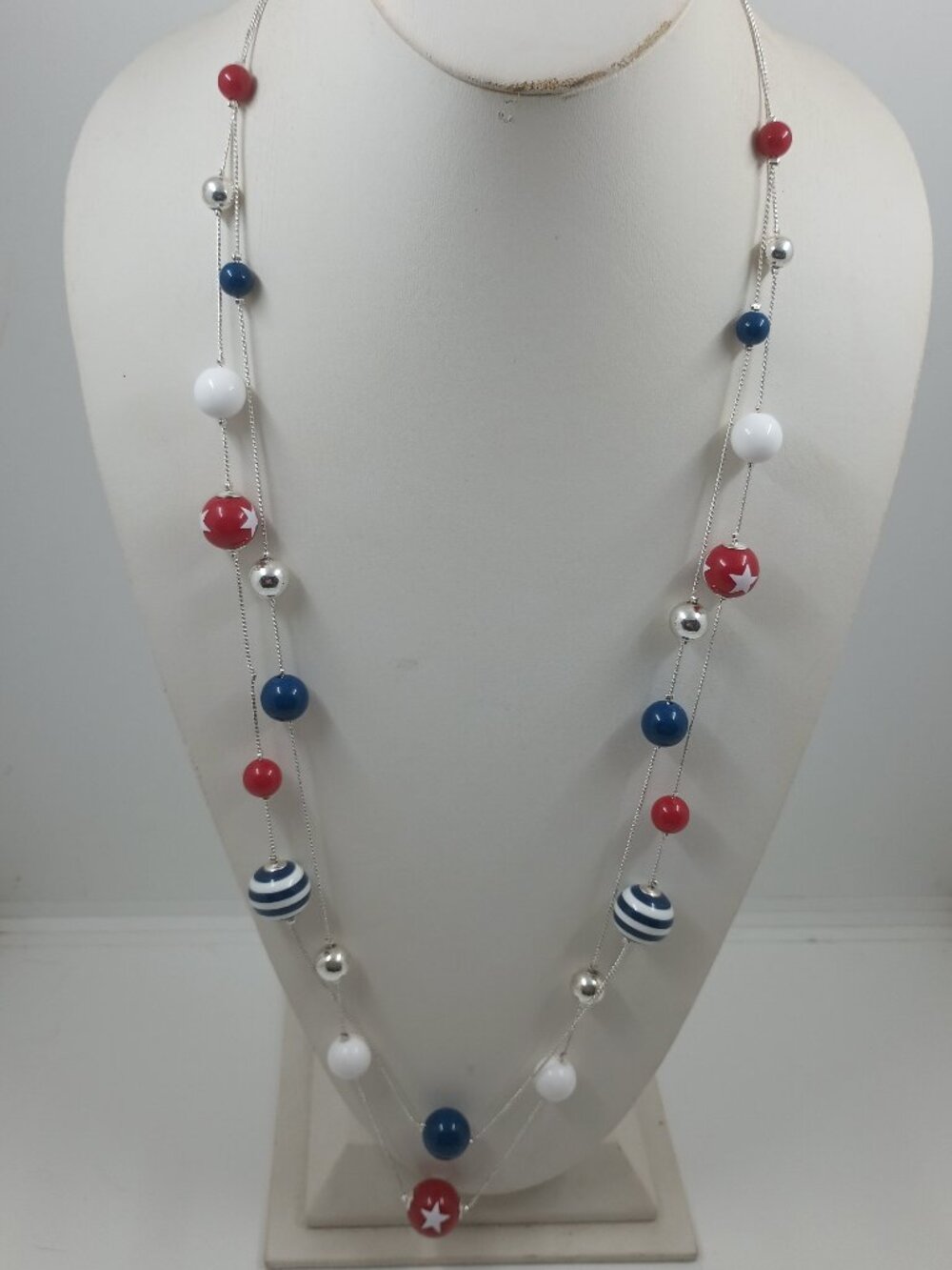 Patriotic Red White and Blue Beads Twin Strand Necklace